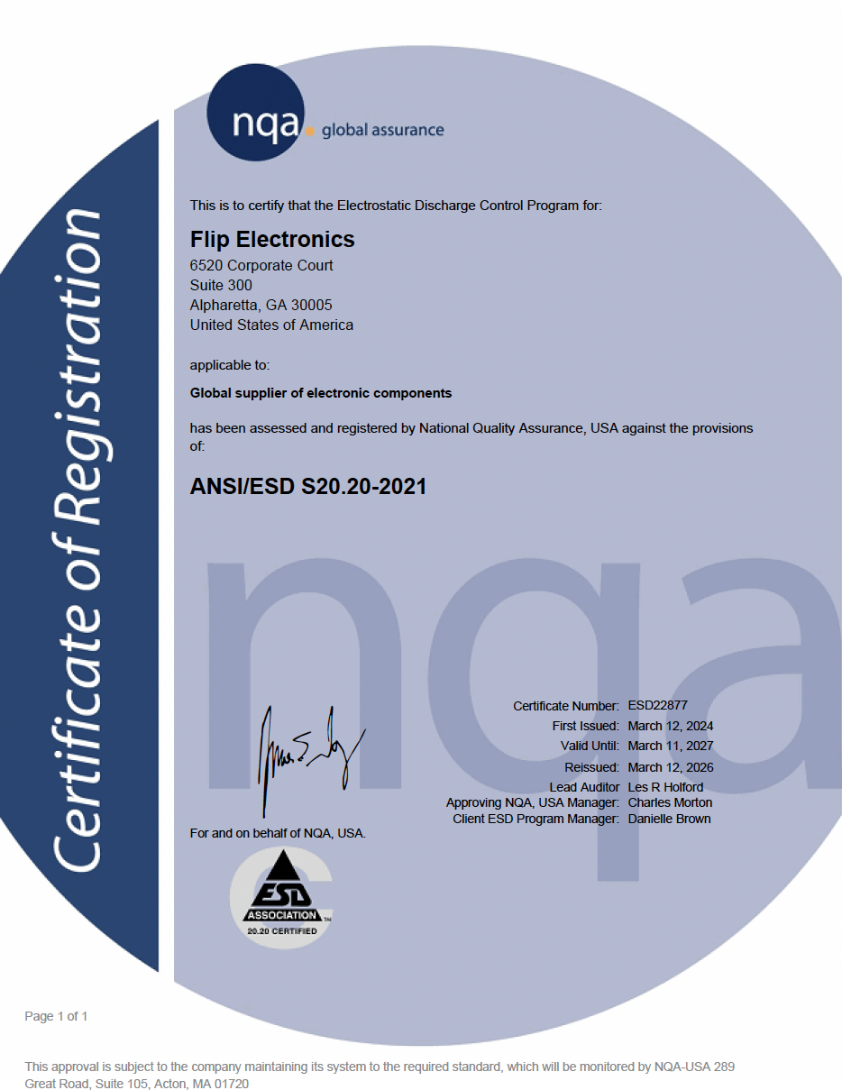 Image of Flip Electronics ANSI/ESD S20.20 Certificate