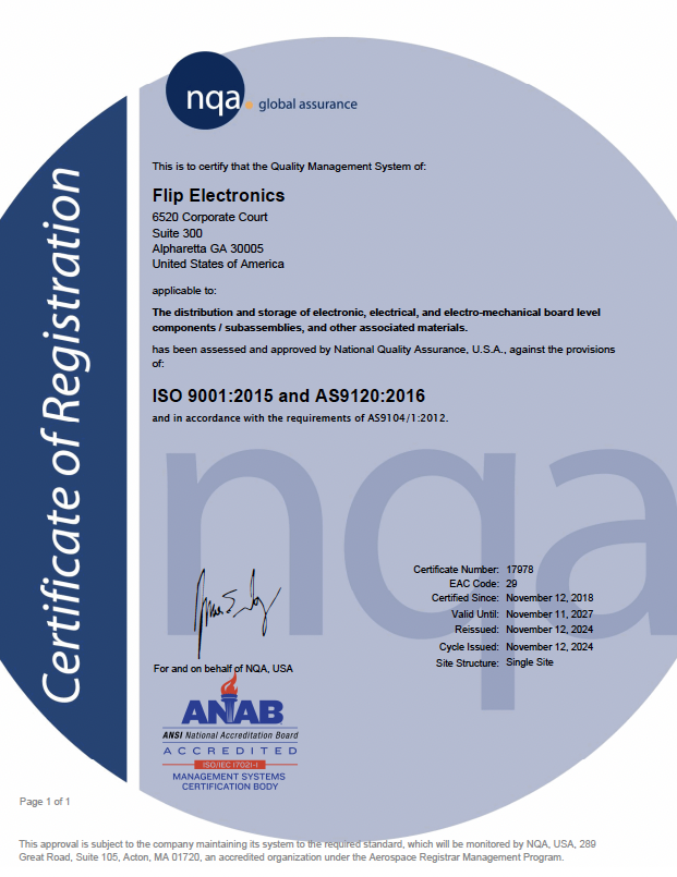 Image of Flip Electronics AS9120:2016 Certificate